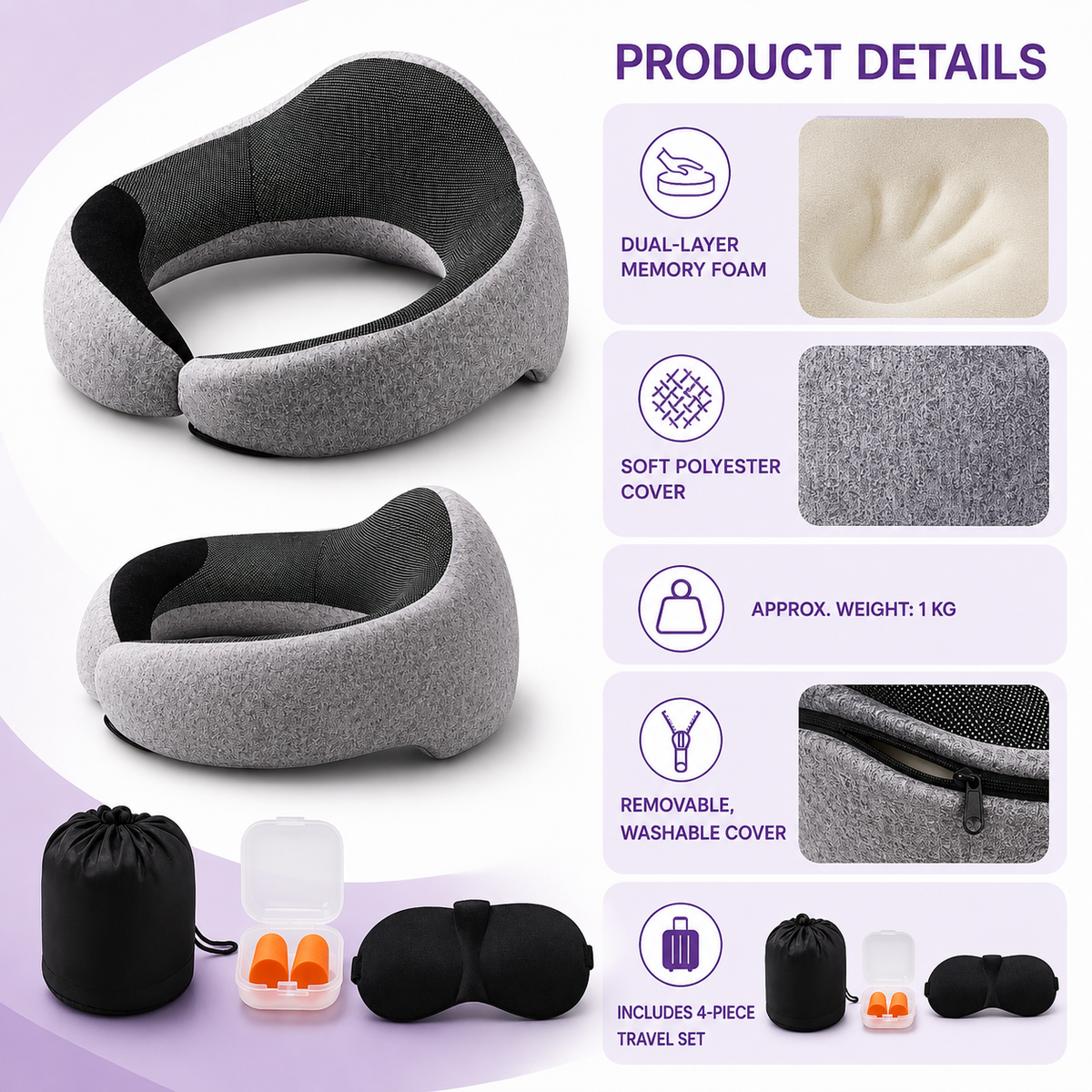 360° Travel Neck Pillow – Memory Foam with Eye Mask & Earplugs Sleep Kit Home Select My
