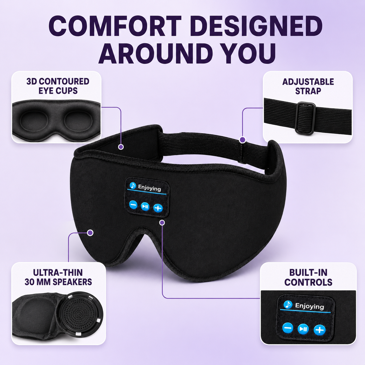 3D Bluetooth Sleep Mask with Built-In Headphones – Side Sleeper Friendly Home Select My