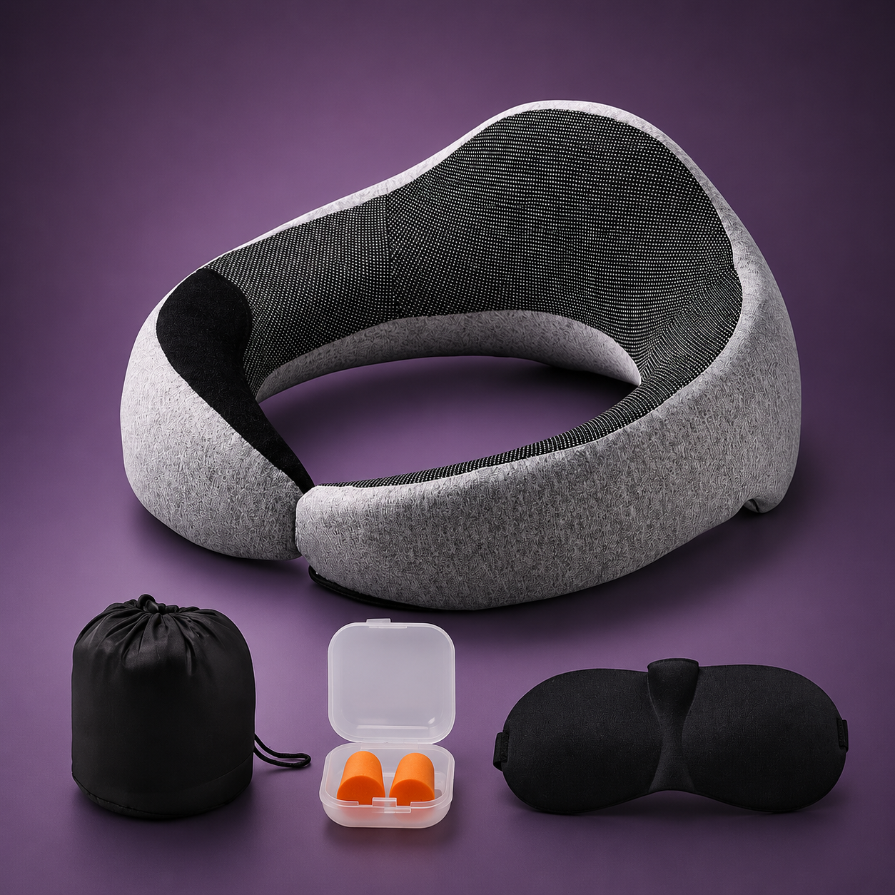 360° Rotating Memory Foam Travel Neck Pillow – Dual-Layer 3D Support with Eye Mask, Earplugs & Storage Bag Home Select My