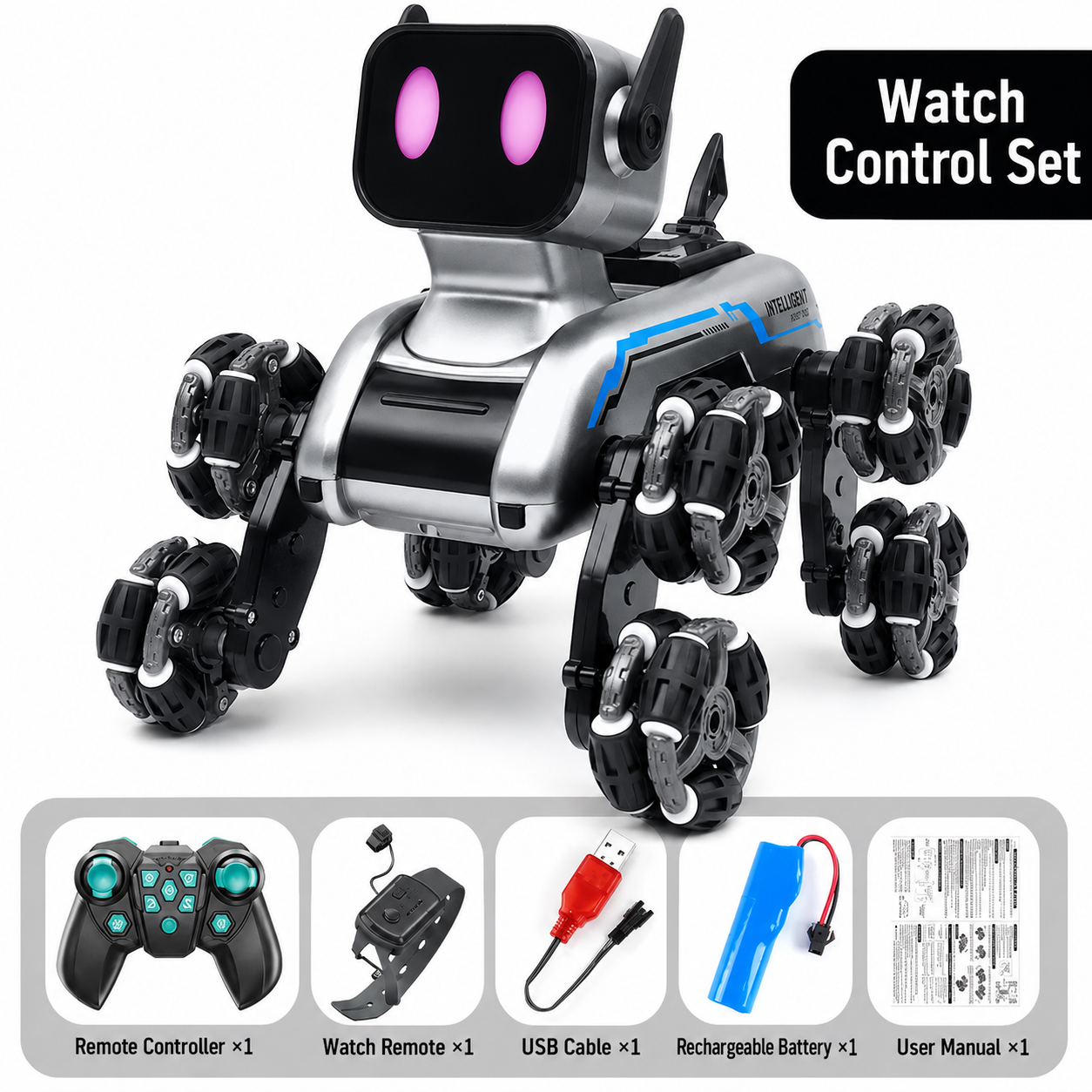 Remote Control Stunt Robot Dog Toy with Gesture Watch, LED Eyes, Music & 360° Tricks – Rechargeable Gift for Kids 6+