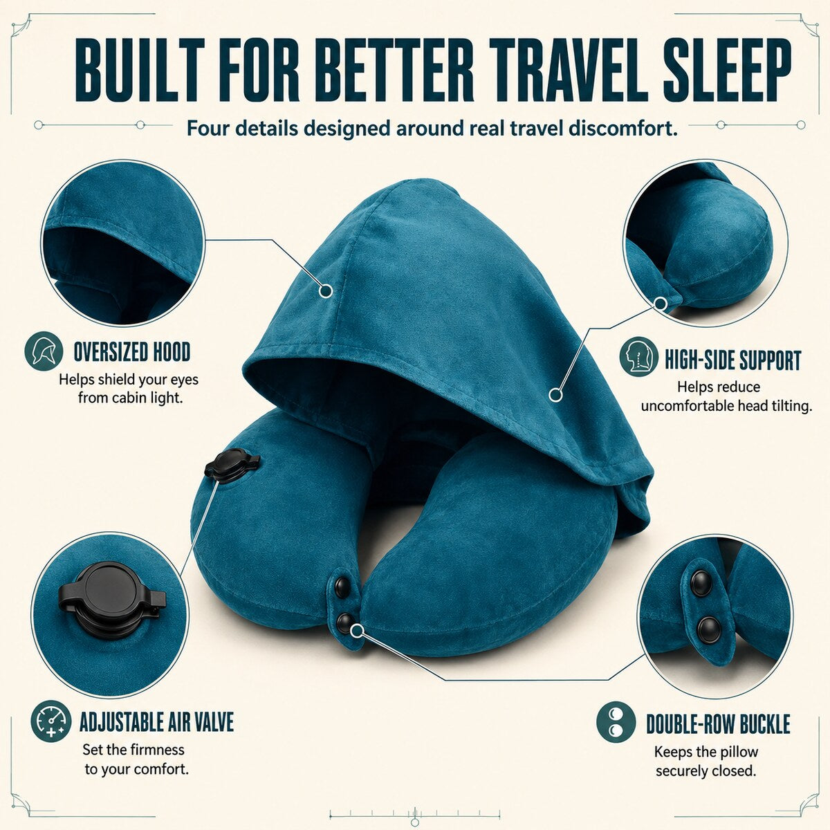 Hooded Inflatable Travel Neck Pillow – U-Shaped, Portable & Compact for Airplane, Car & Office Naps Home Select My